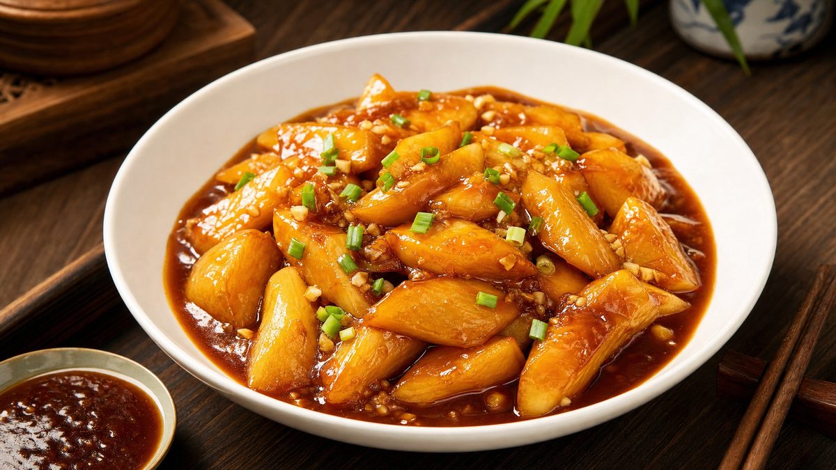 Braised eggplant wedges in a glossy savory garlic sauce with spring onion