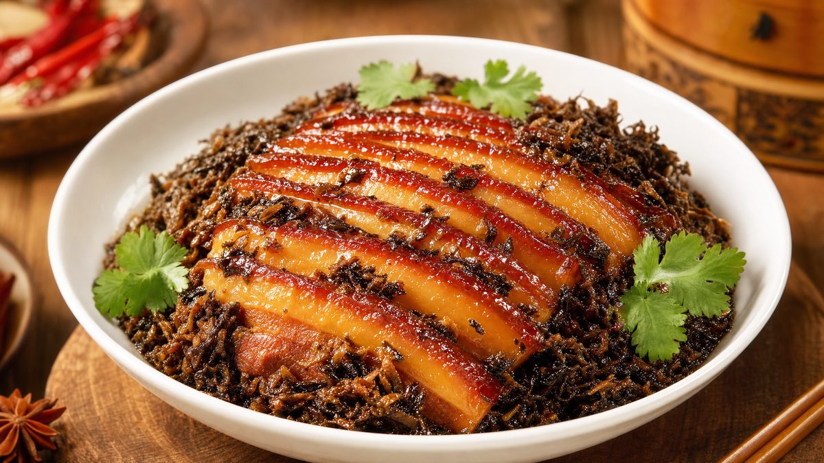 Braised pork belly slices over preserved mustard greens with cilantro
