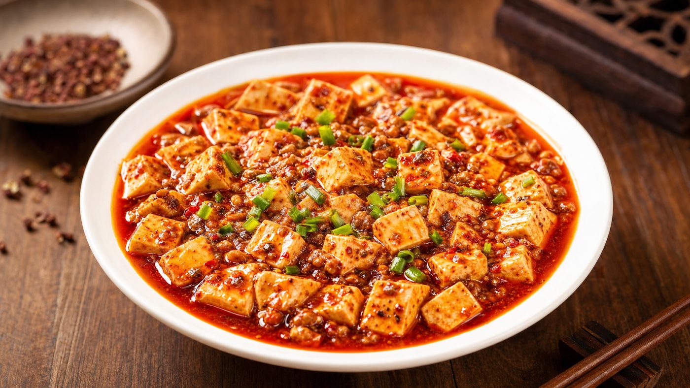 Mapo tofu in a spicy Sichuan chili and minced-pork sauce, topped with spring onion