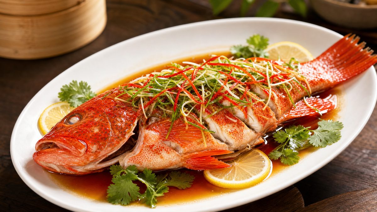 Whole steamed grouper with ginger, scallion and light soy sauce