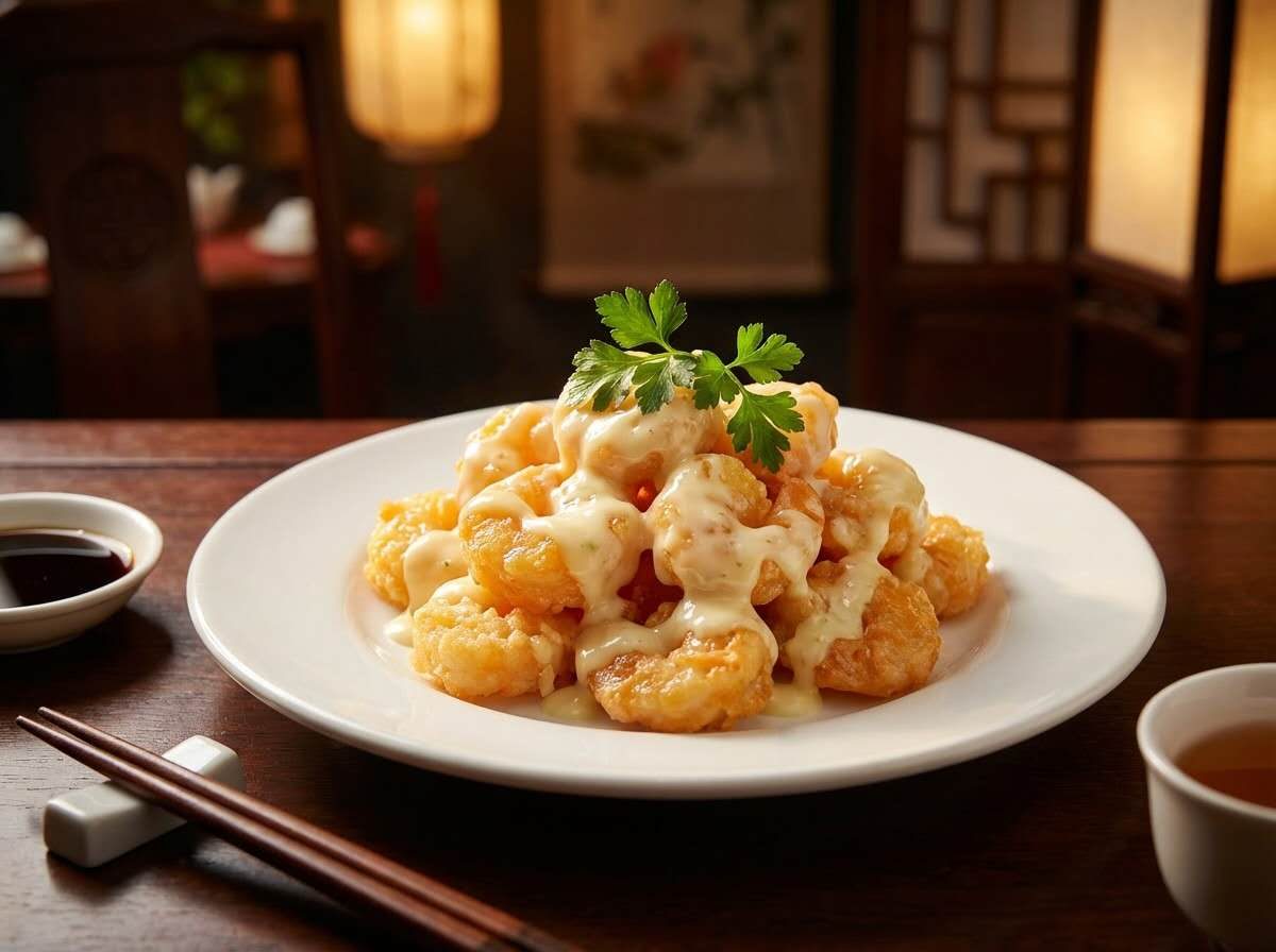 Crispy prawns coated in creamy wasabi mayonnaise sauce
